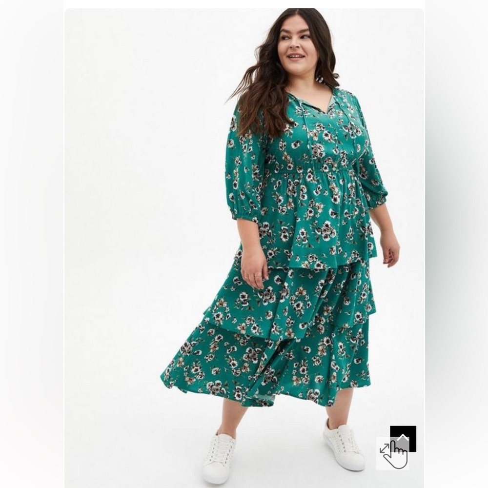 Torrid Green Floral Challis Tiered Skater Tea Length Dress NWT